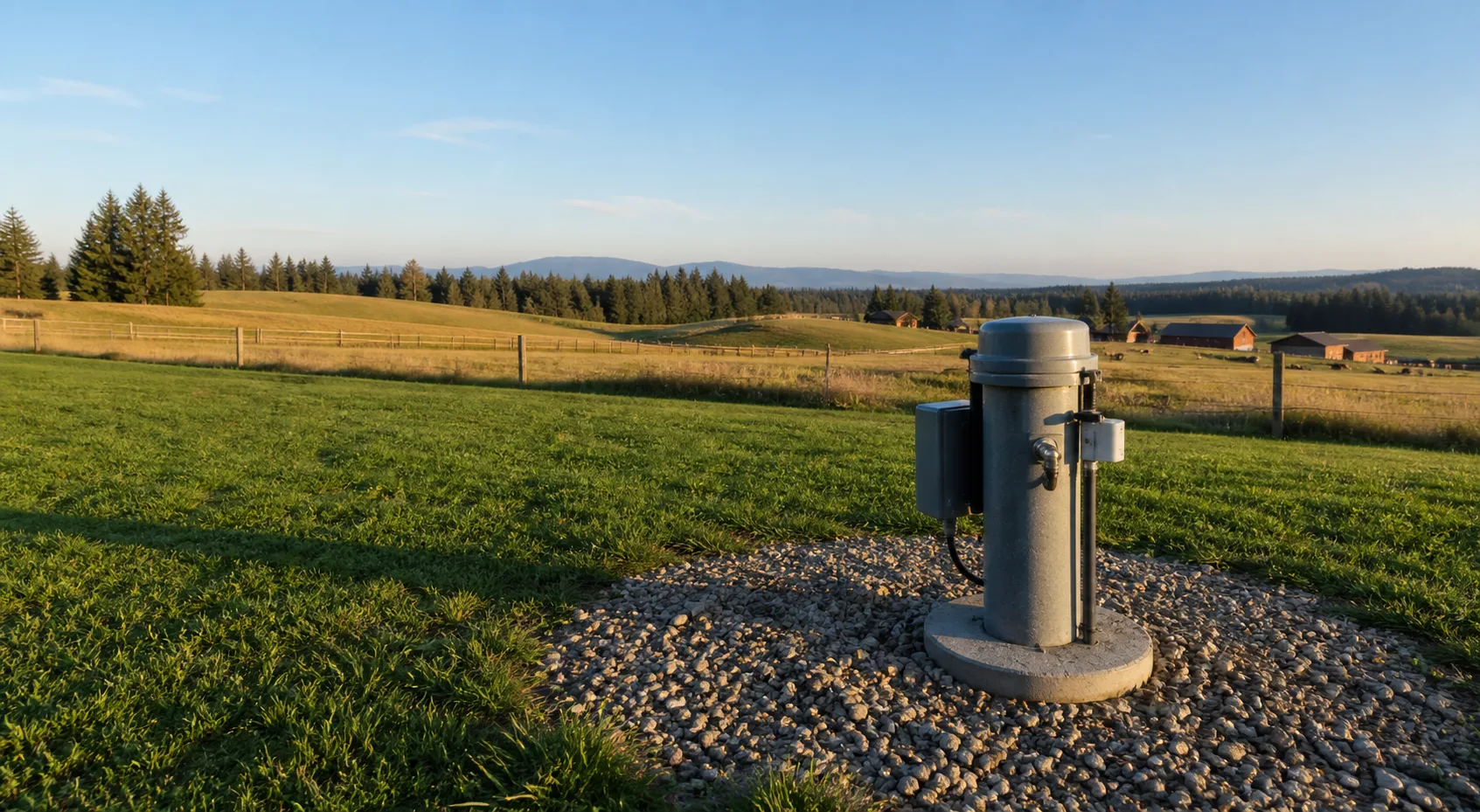 Modern residential wellhead in a rural farm setting